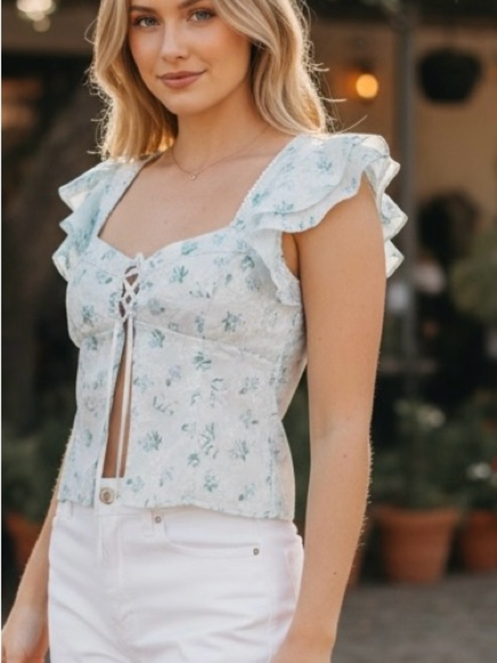 All in Favor Blue Flutter Sleeve Split Front Cottagecore Festival Top sz L NWT